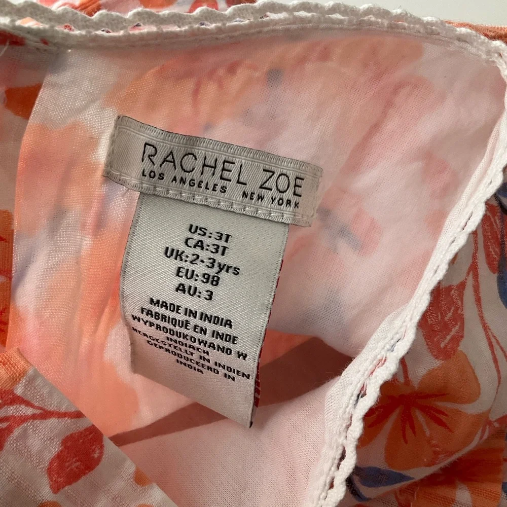 Rachel Zoe 3T Orange Floral Puff Sleeve Dress with Blue Accents